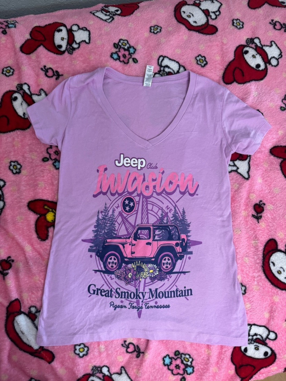 Great Smoky Mountain Jeep Invasion Women's V-Neck T-Shirt - Pink Jeep graphic